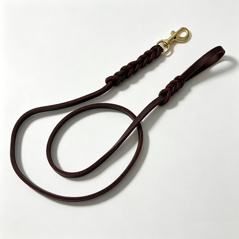braided genuine leather dog leash brown