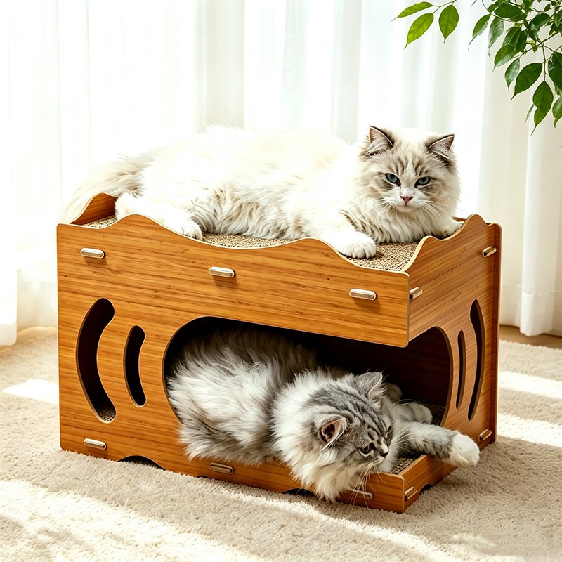 double layer wooden cat house with corrugated scratcher